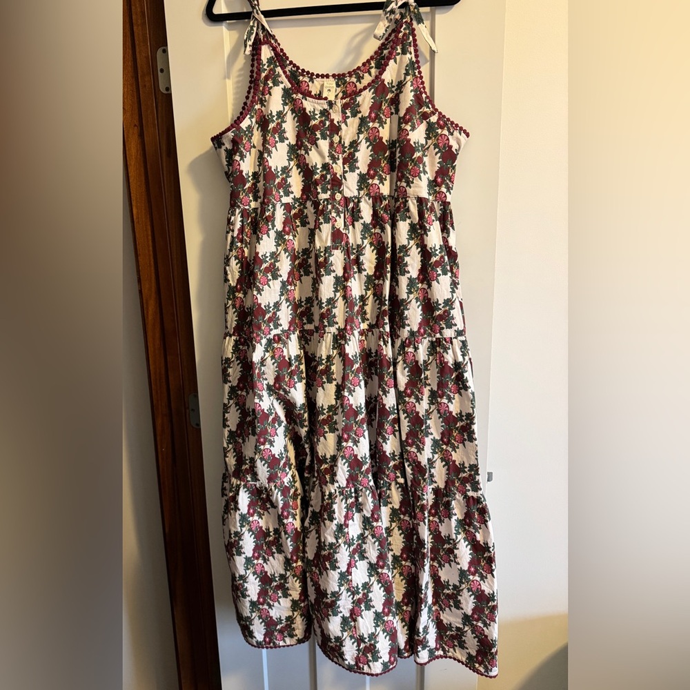 Kate Quinn Tie Spaghetti Pom Pom Pomegranate Vine Prairie Dress